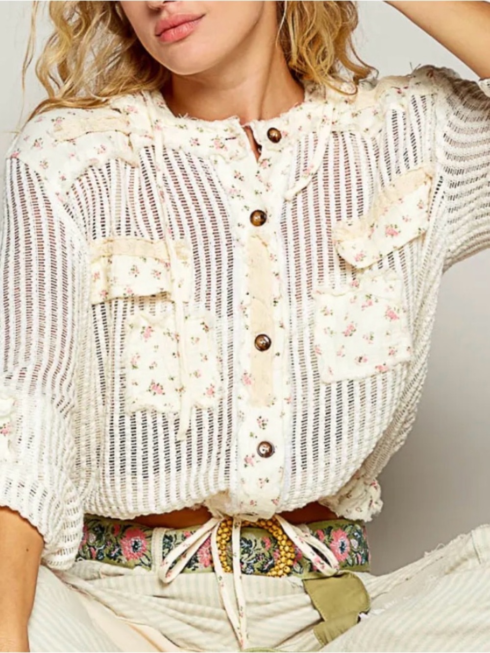 POL Ivory Crochet-Style Sheer Button Front Top with Floral Trim & Drawstring